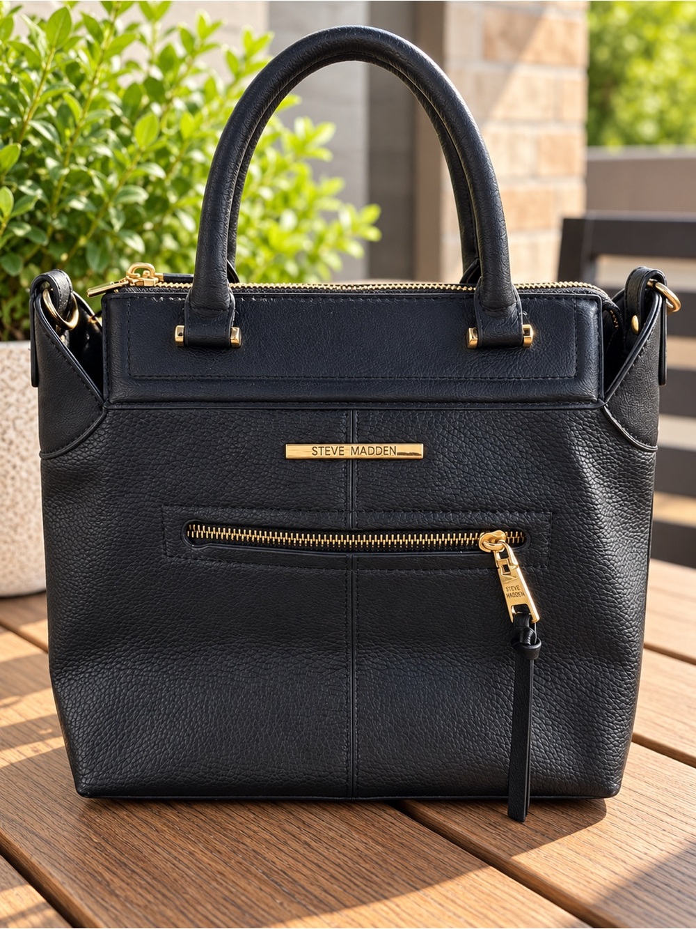 Steve Madden Black Pebbled Leather Satchel with Gold Hardware